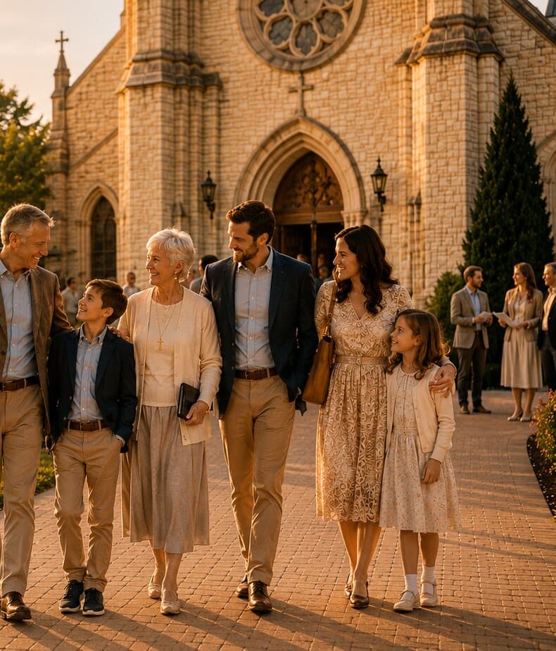 Three generations of a Catholic family leaving Sunday Mass at their parish.