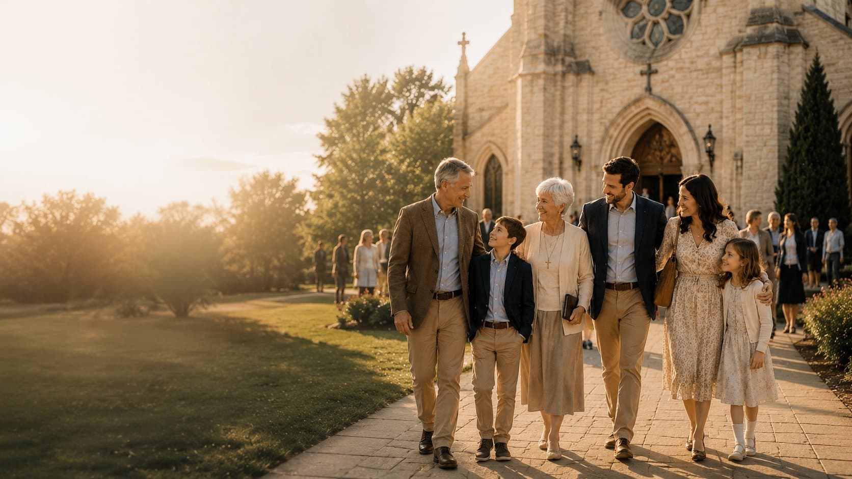 Three generations of a Catholic family leaving Sunday Mass at their parish.